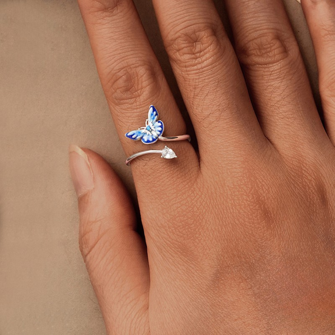 Anel Borboleta Celeste Prata 925