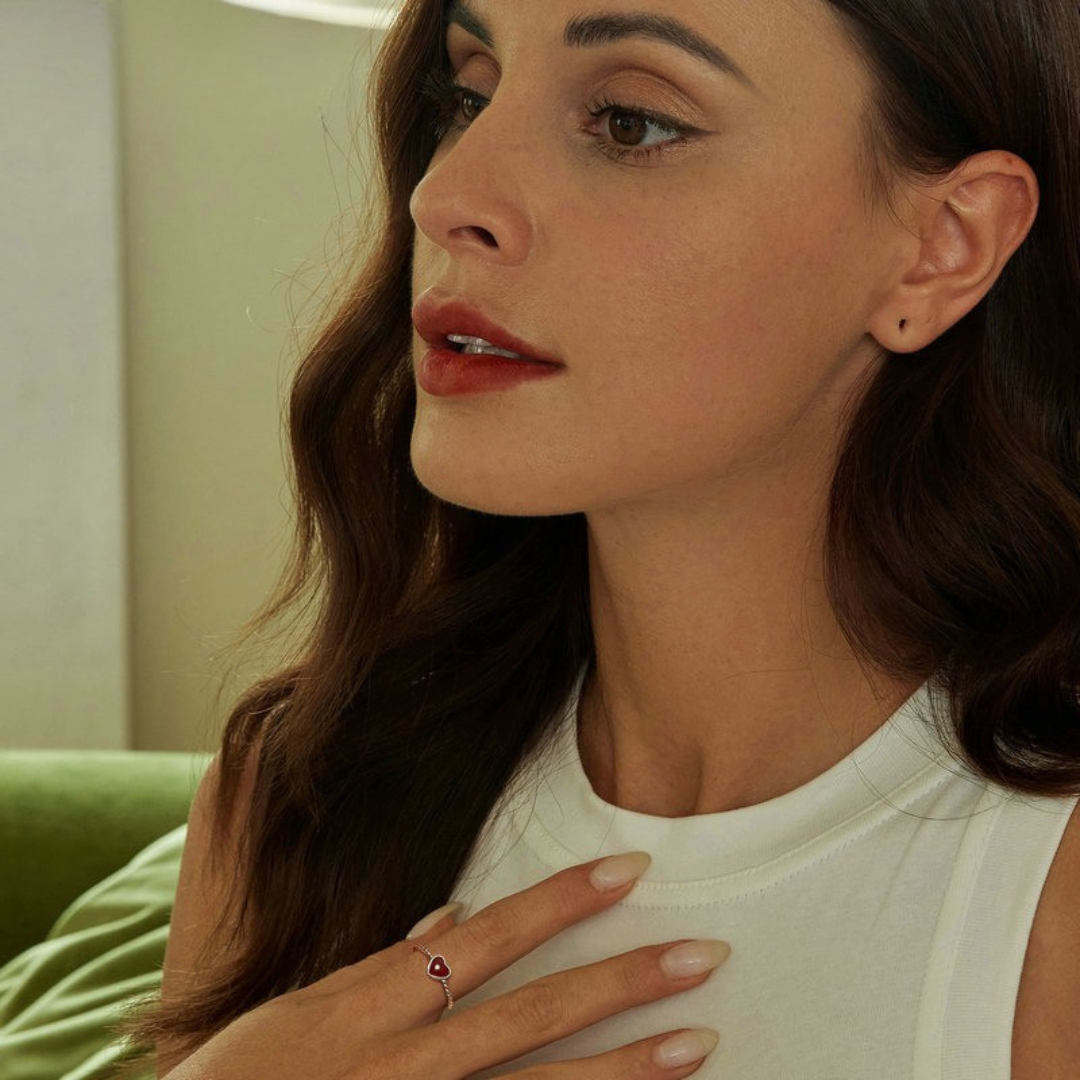 Anel Coração em Ágata Vermelha Prata 925