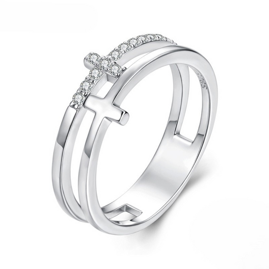 Anel Cruz Dupla com Moissanite Prata 925