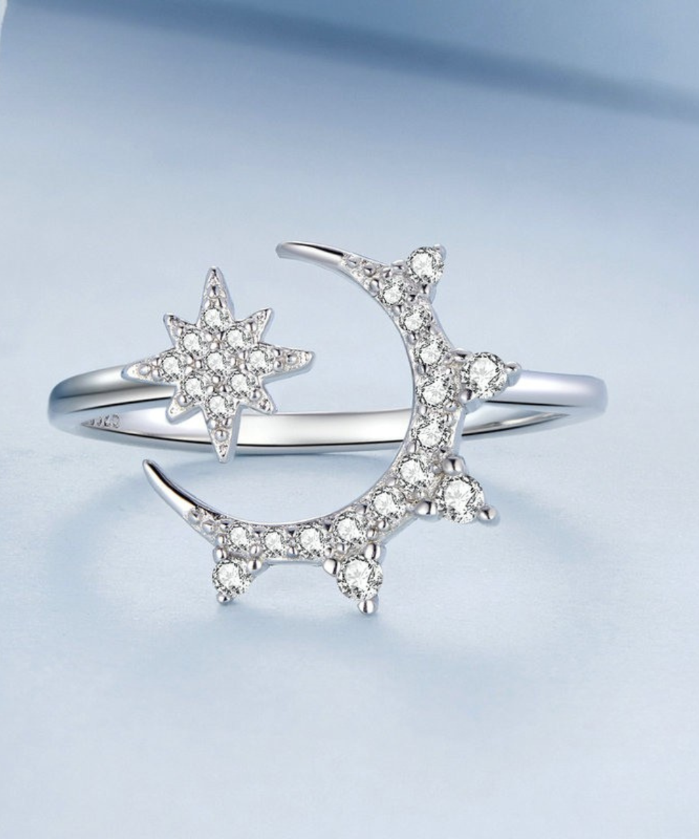 Anel Estrela Lua Prata 925