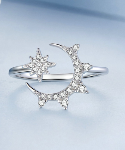 Anel Estrela Lua Prata 925