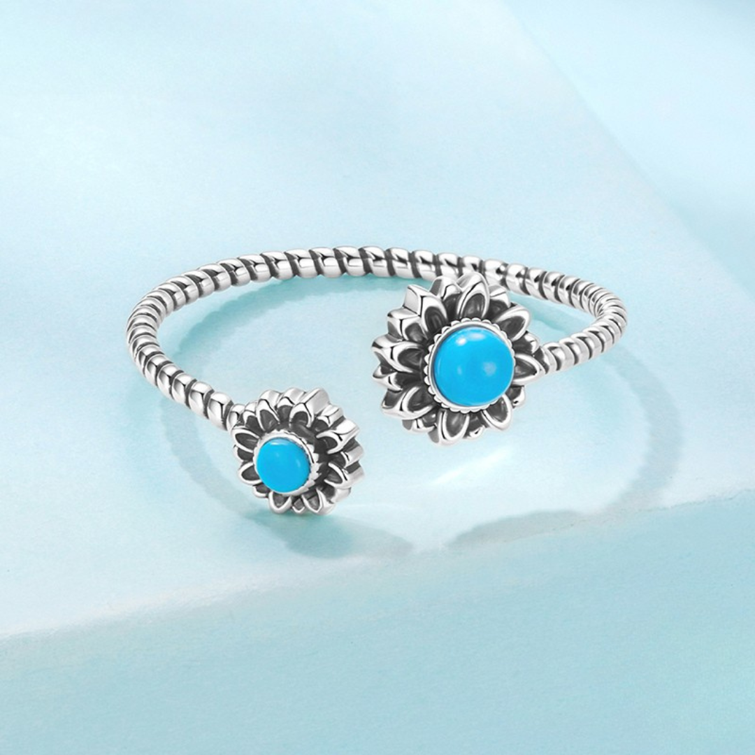 Anel Girassol com Pedra Turquesa Prata 925