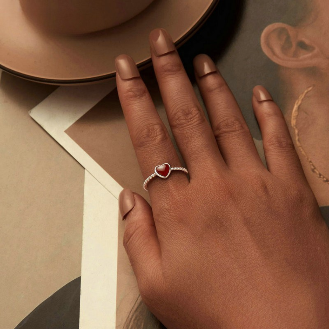 Anel Coração em Ágata Vermelha Prata 925