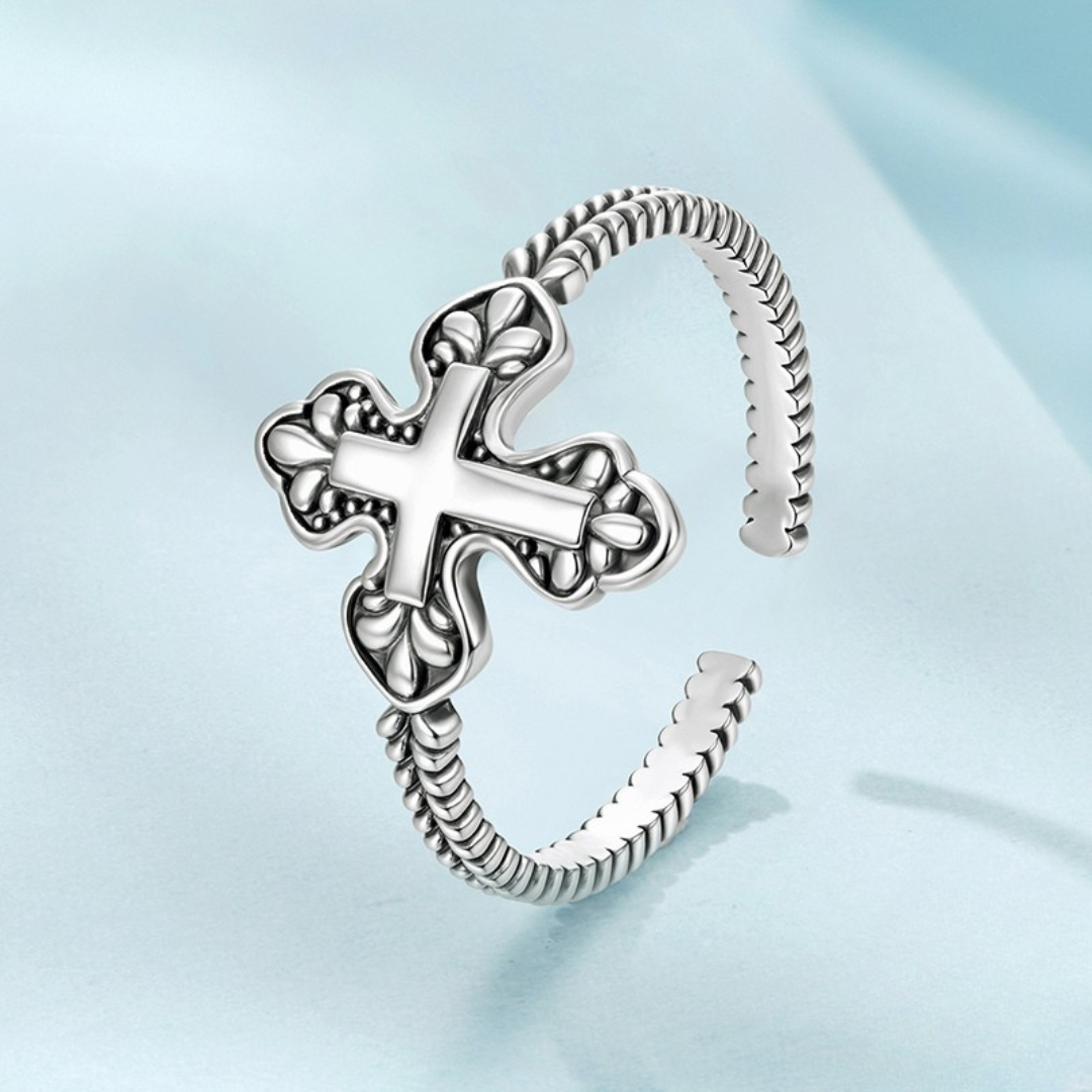 Anel Cruzado de Oração Ajustável em prata 925
