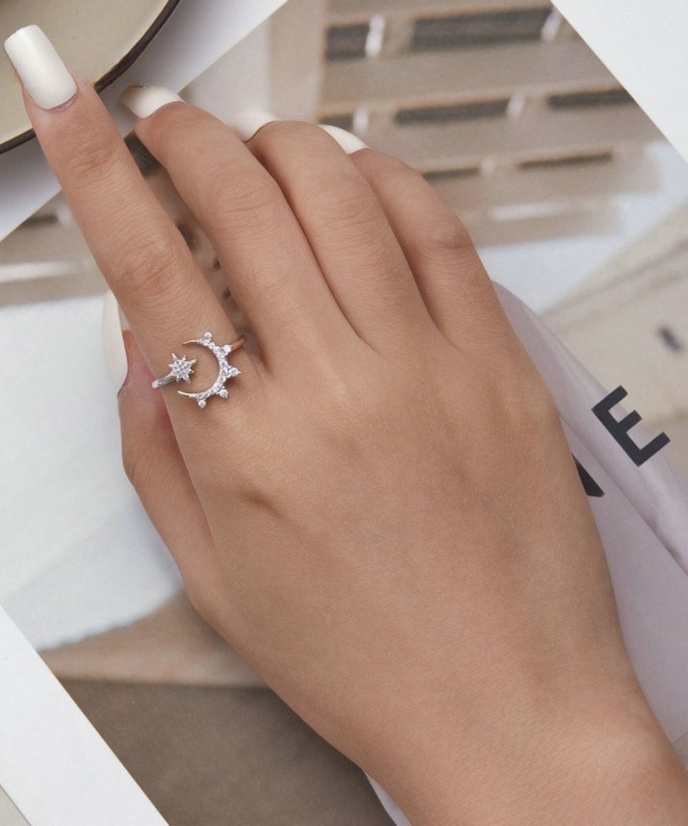 Anel Estrela Lua Prata 925