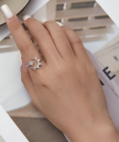 Anel Estrela Lua Prata 925