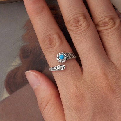 Anel Girassol com Pedra Turquesa Prata 925