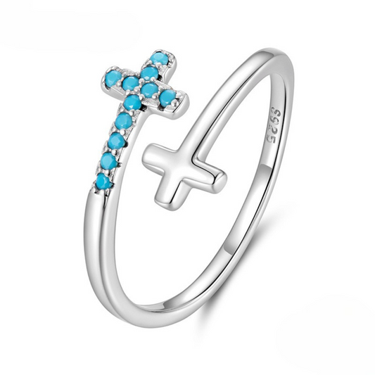 Anel Cruz Dupla com Turquesa Prata 925