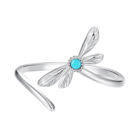 Anel Libélula Turquesa Ajustável em prata 925