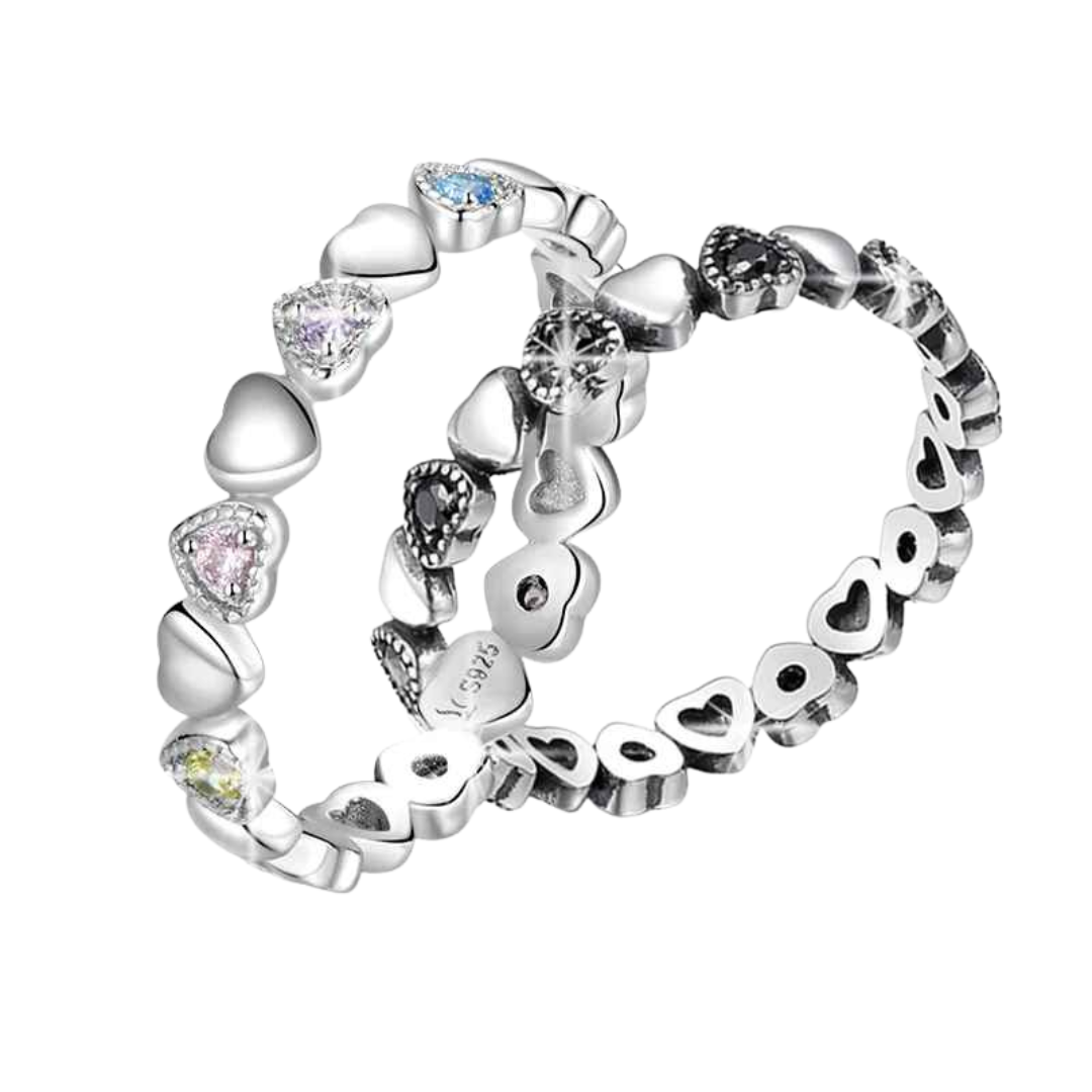Anel Corações com Cristais Coloridos Prata 925