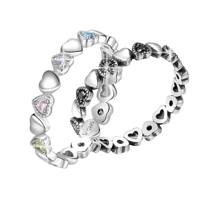 Anel Corações com Cristais Coloridos Prata 925