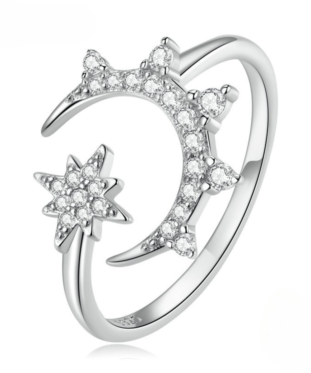 Anel Estrela Lua Prata 925