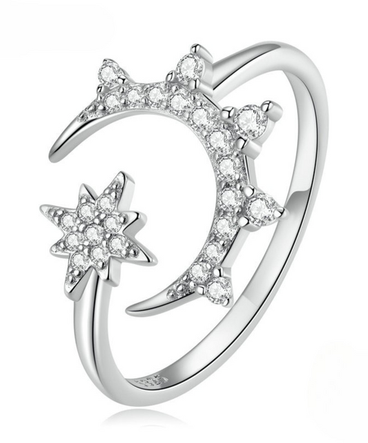 Anel Estrela Lua Prata 925