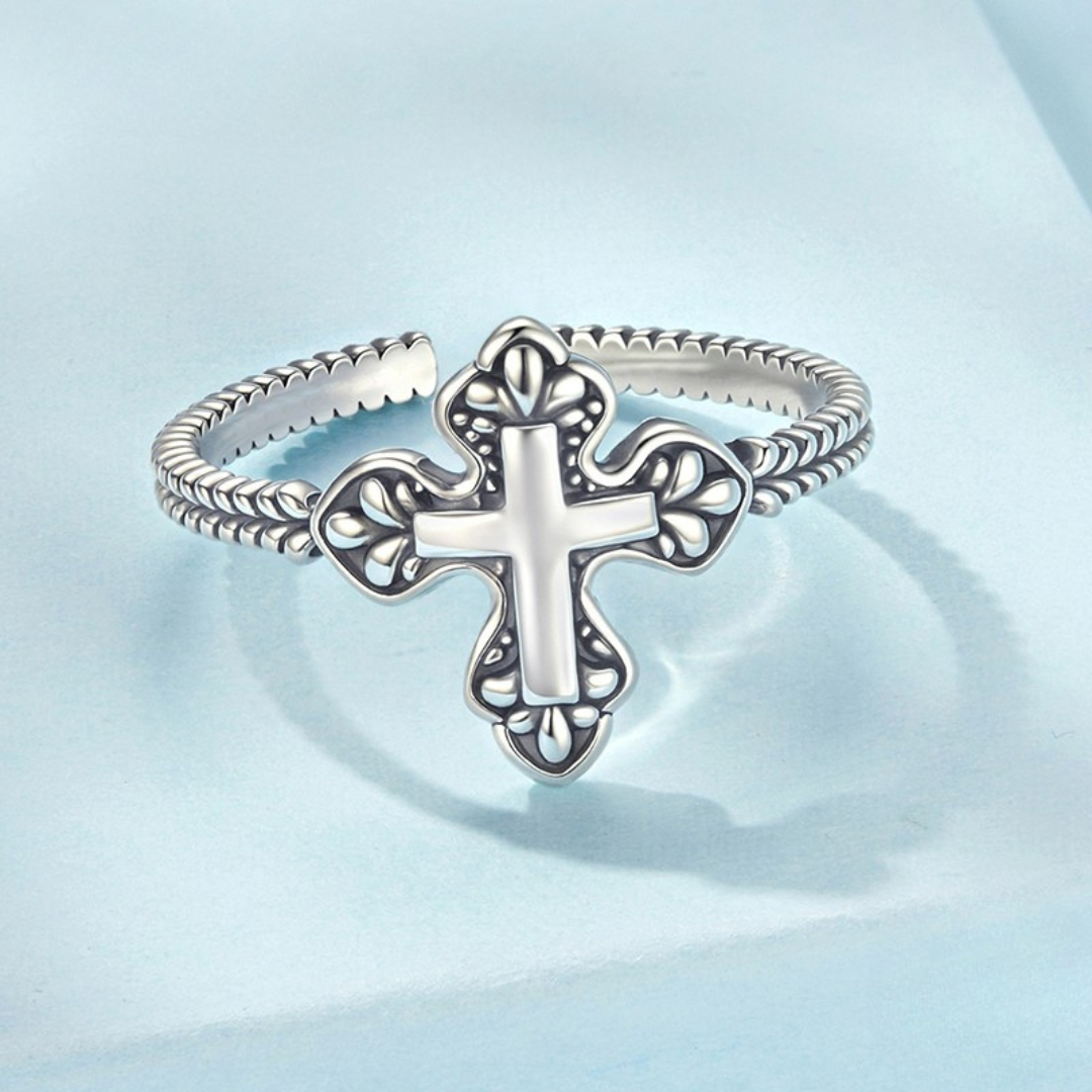 Anel Cruzado de Oração Ajustável em prata 925