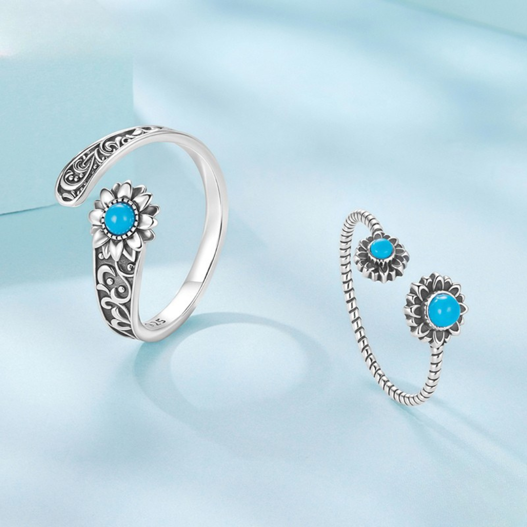 Anel Girassol com Pedra Turquesa Prata 925