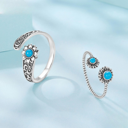 Anel Girassol com Pedra Turquesa Prata 925