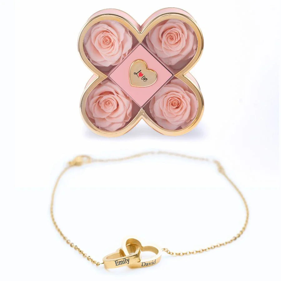 Caixa Amor de Quatro Rosas & Pulseira Personalizada