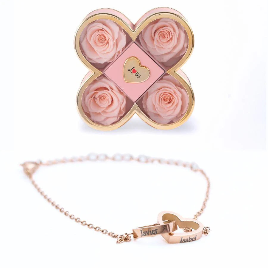 Caixa Amor de Quatro Rosas & Pulseira Personalizada