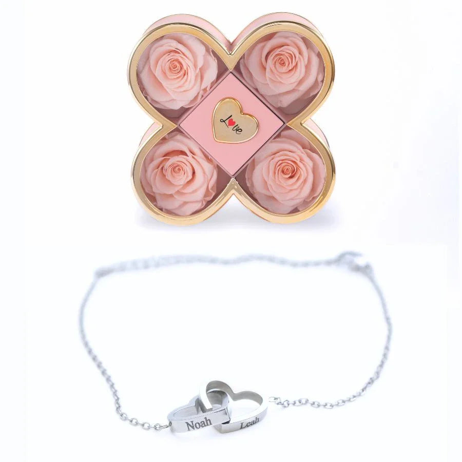 Caixa Amor de Quatro Rosas & Pulseira Personalizada