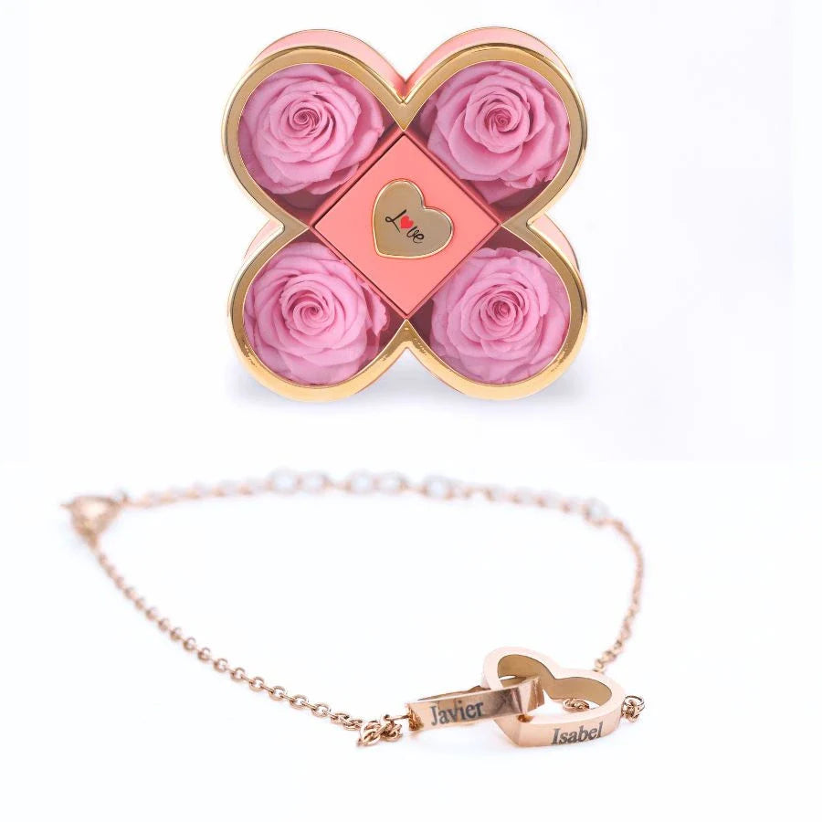 Caixa Amor de Quatro Rosas & Pulseira Personalizada