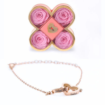 Caixa Amor de Quatro Rosas & Pulseira Personalizada