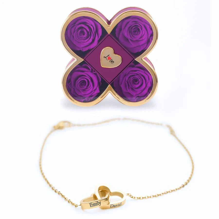 Caixa Amor de Quatro Rosas & Pulseira Personalizada