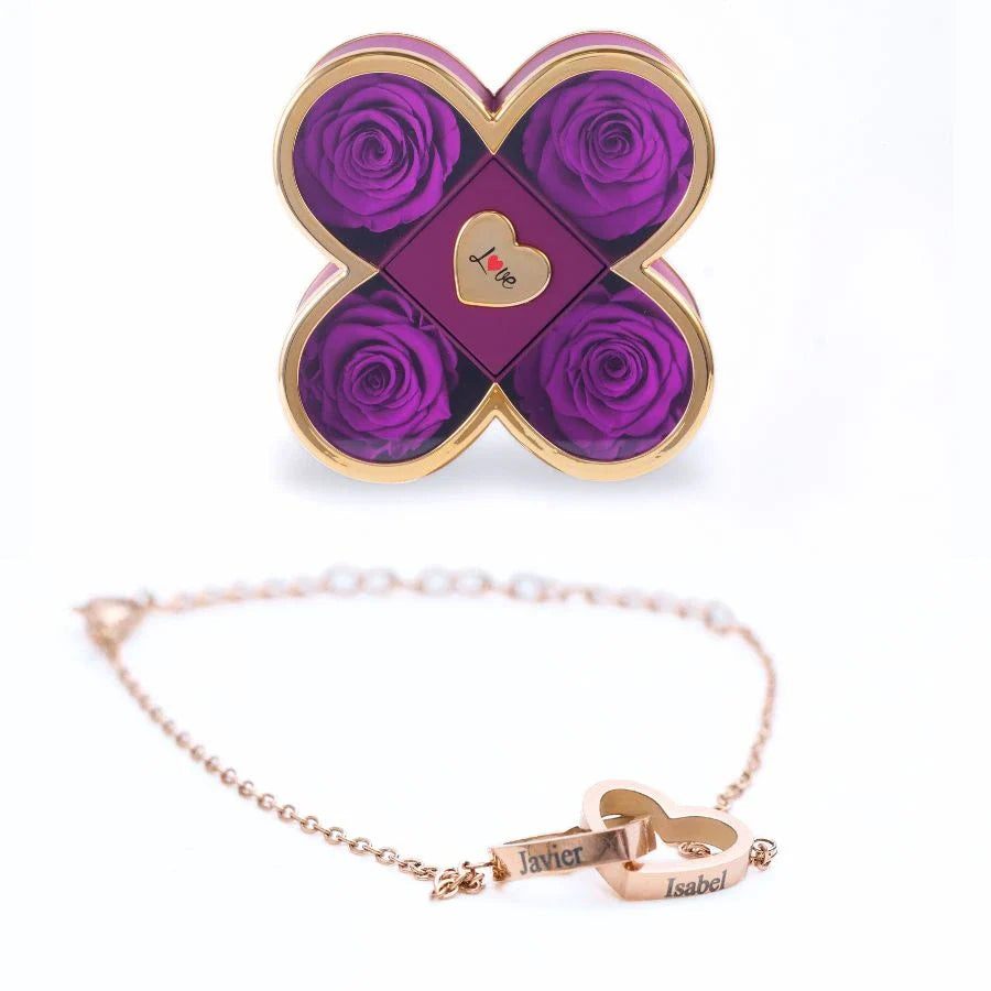 Caixa Amor de Quatro Rosas & Pulseira Personalizada