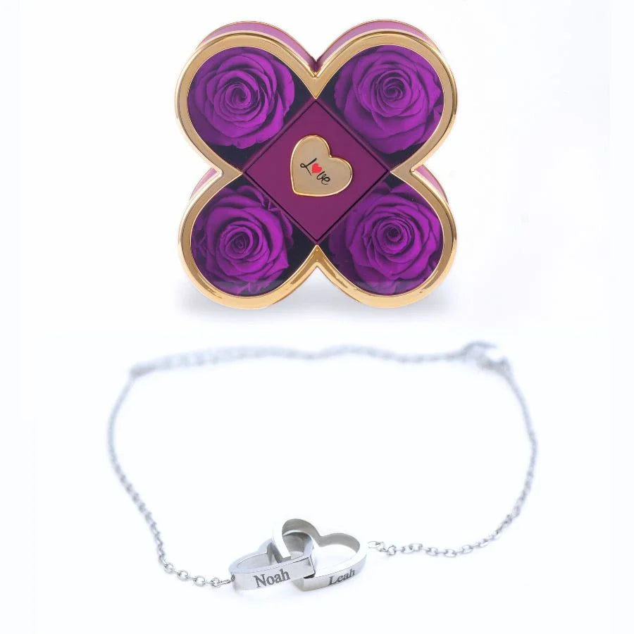Caixa Amor de Quatro Rosas & Pulseira Personalizada