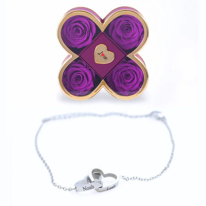 Caixa Amor de Quatro Rosas & Pulseira Personalizada