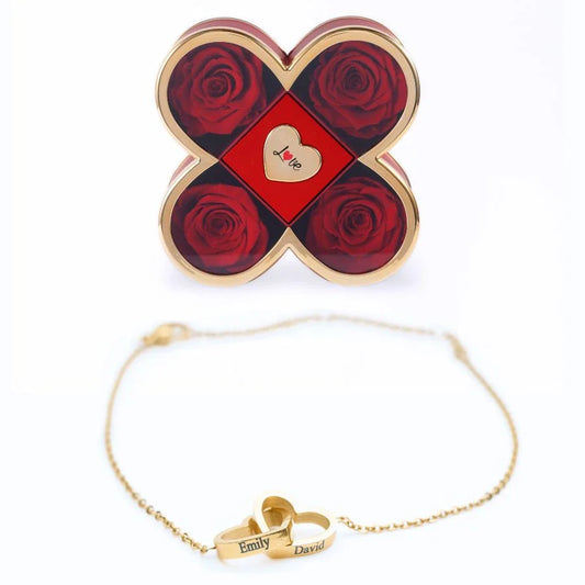 Caixa Amor de Quatro Rosas & Pulseira Personalizada