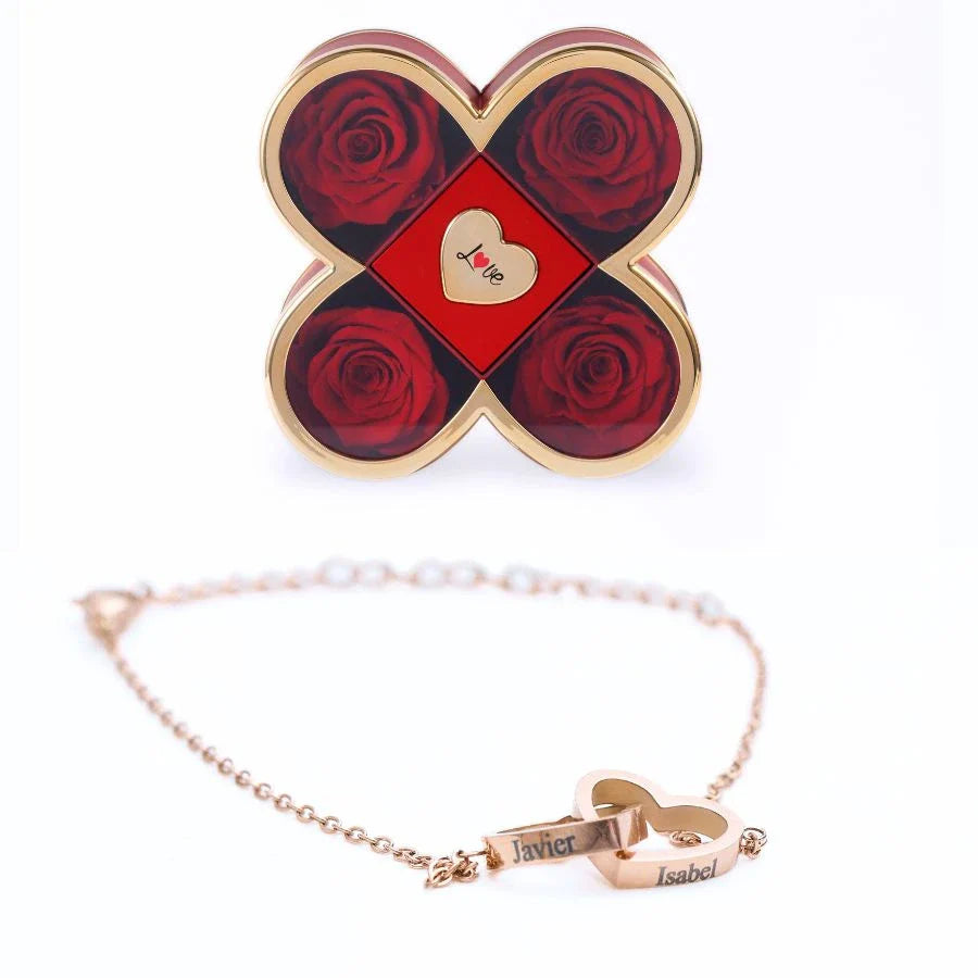 Caixa Amor de Quatro Rosas & Pulseira Personalizada