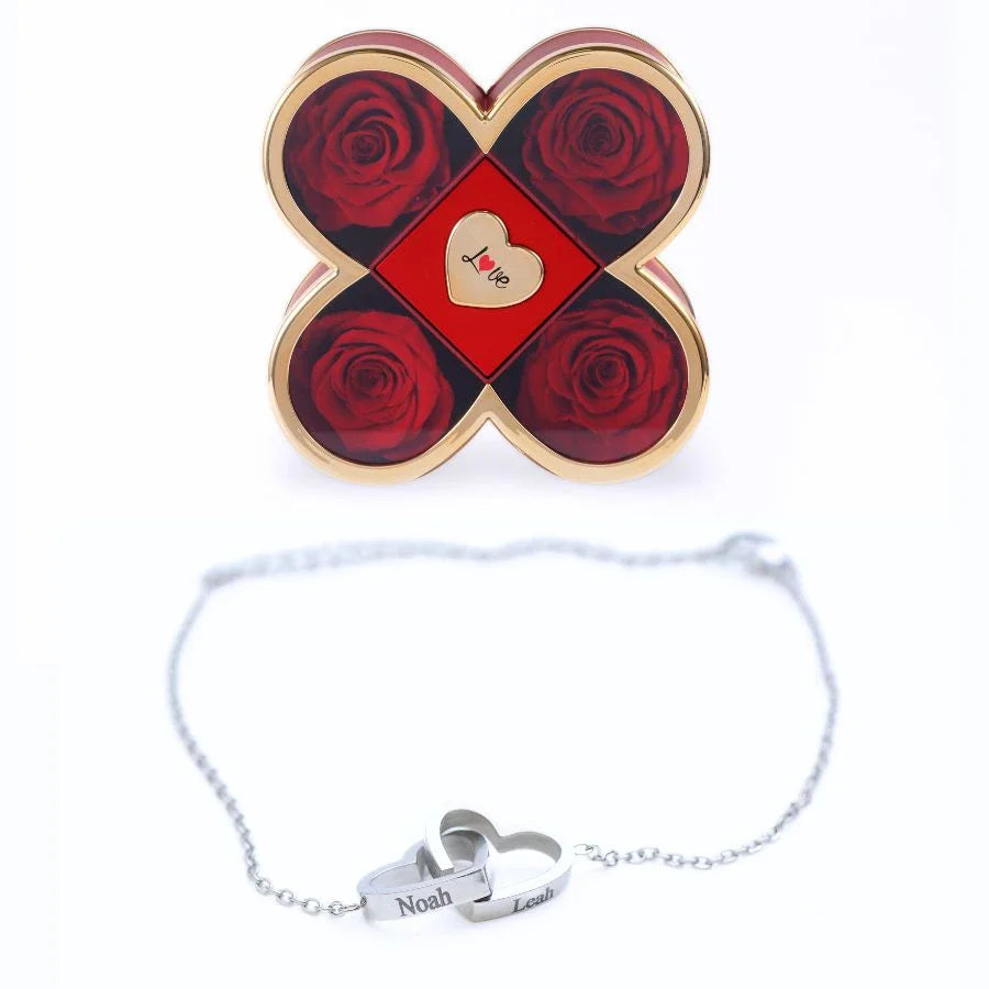 Caixa Amor de Quatro Rosas & Pulseira Personalizada