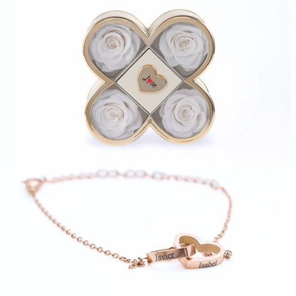 Caixa Amor de Quatro Rosas & Pulseira Personalizada