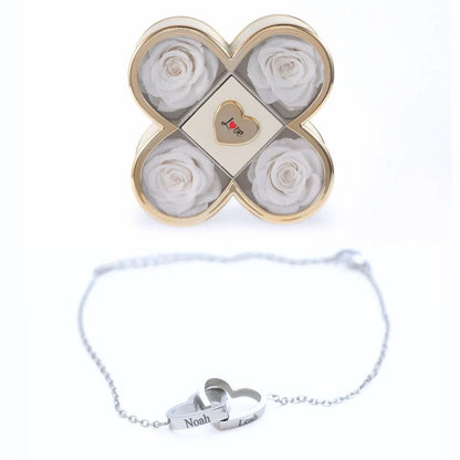 Caixa Amor de Quatro Rosas & Pulseira Personalizada