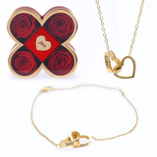 Caixa Amor de Quatro Rosas & Colar + Pulseira Personalizada