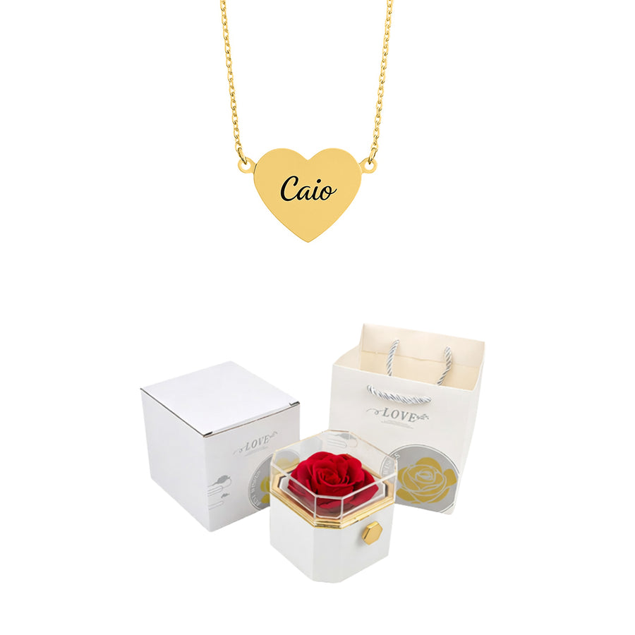 Caixa Rotativa com Rosa Eterna e Colar Personalizado