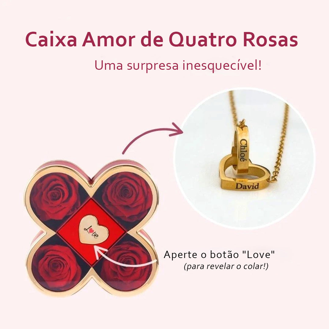 Caixa Amor de Quatro Rosas & Colar Personalizado